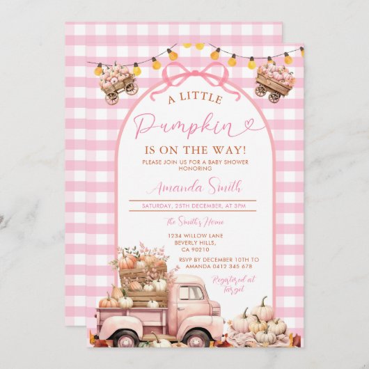 Boho Pink Truck Pumpkin ist auf dem Weg Baby Dusch Einladung (Vorne/Hinten)