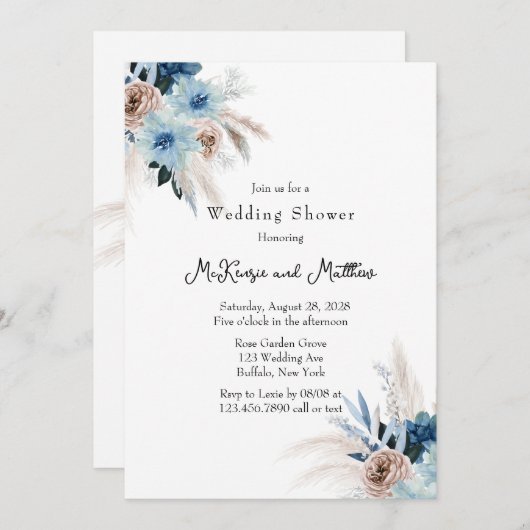 Boho Pink und Blue Peony Bouquet Polterabend Einladung (Vorne/Hinten)