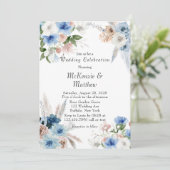 Boho Pink und Blue Peony Pampas Grass Wedding Einladung (Stehend Vorderseite)