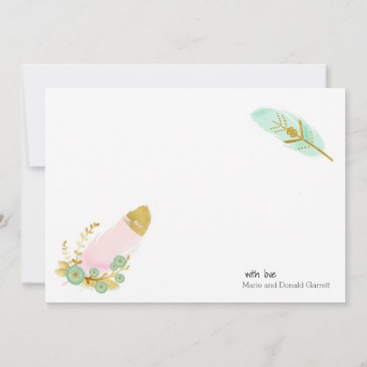 Boho Pink und Gold Feathers Dankeskarte (Rückseite)