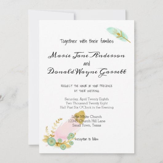 Boho Pink und Gold Feathers Einladung (Vorderseite)