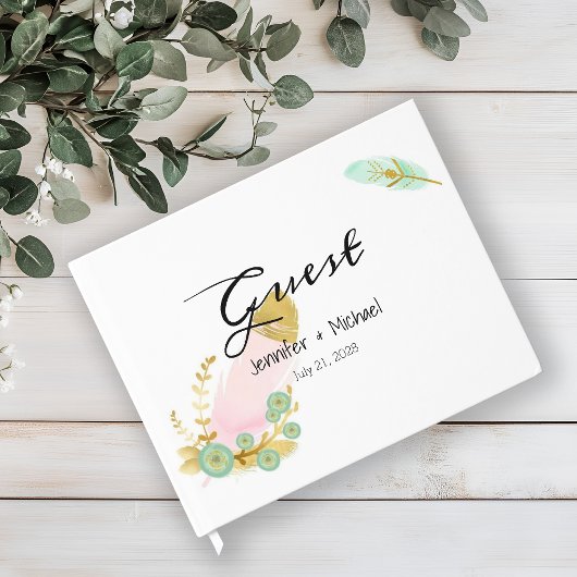 Boho Pink und Gold Feathers Gästebuch
