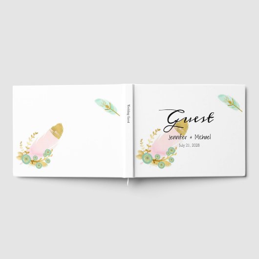 Boho Pink und Gold Feathers Gästebuch (Voll)