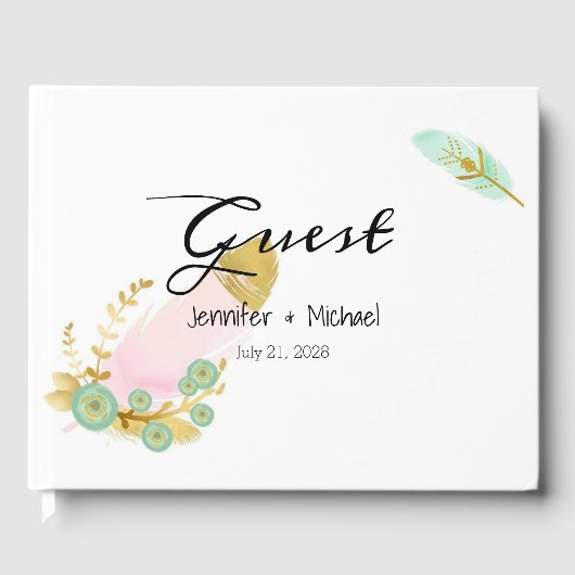Boho Pink und Gold Feathers Gästebuch (Vorderseite)