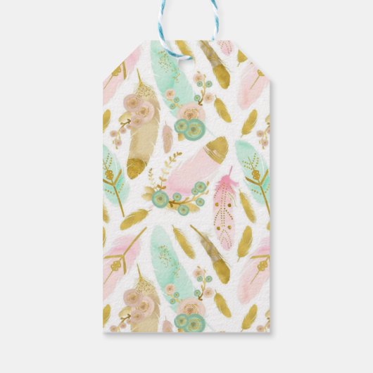 Boho Pink und Gold Feathers Geschenkanhänger (Rückseite)