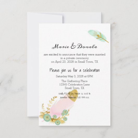 Boho Pink und Gold Feathers just Married (Rückseite)