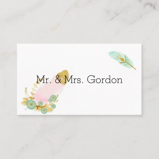 Boho Pink und Gold Feathers Platzkarte (Vorderseite)