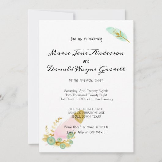 Boho Pink und Gold Feathers Probe Dinner (Vorderseite)