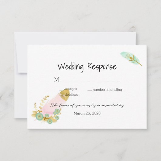 Boho Pink und Gold Feathers RSVP Karte (Vorderseite)