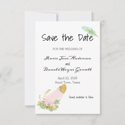Boho Pink und Gold Feathers Save the Date (Vorderseite)