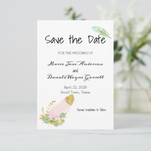 Boho Pink und Gold Feathers Save the Date (Stehend Vorderseite)