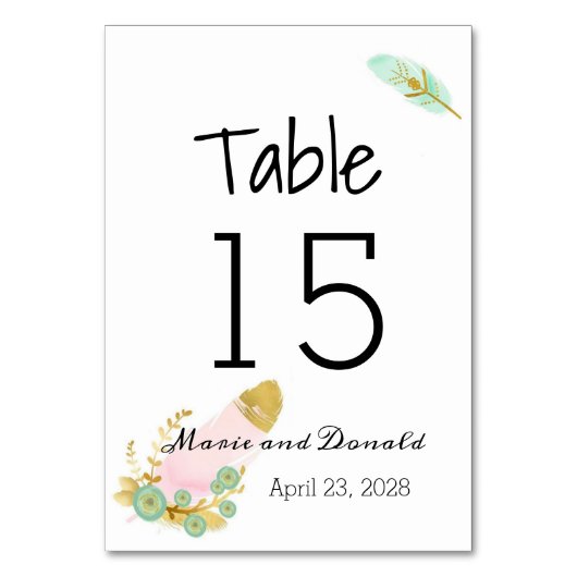 Boho Pink und Gold Feathers Tischnummer (Vorderseite)