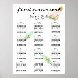 Boho Pink und Gold Feathing Seating Chart Poster
