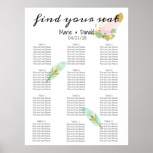 Boho Pink und Gold Feathing Seating Chart Poster (Vorne)