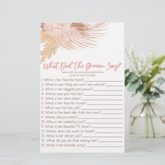 Boho Pink, was der Groom sagt, Brautparty-Spiel Briefpapier (Stehend Vorderseite)