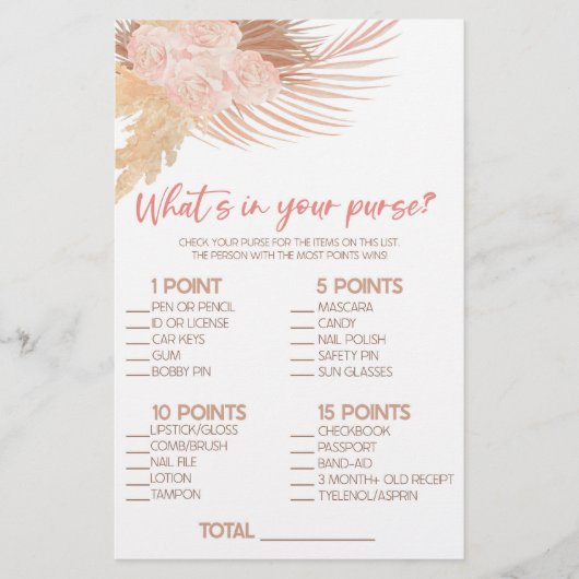 Boho Pink Was ist in Purse Brautparty Game Briefpapier (Vorderseite)