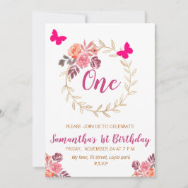 Boho Pink Wasserfarben Floral Erster Geburtstag Einladung