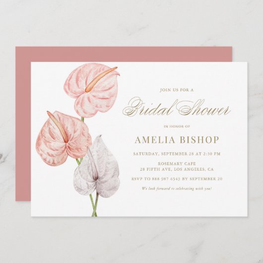 Boho Pink Watercolor Anthuriums Gold Brautparty Einladung (Vorne/Hinten)