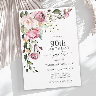 Boho Pink Watercolor Floral 90th Birthday Party Einladung