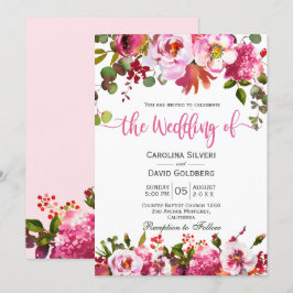 Boho Pink Watercolor Floral Typografy Wedding Einladung