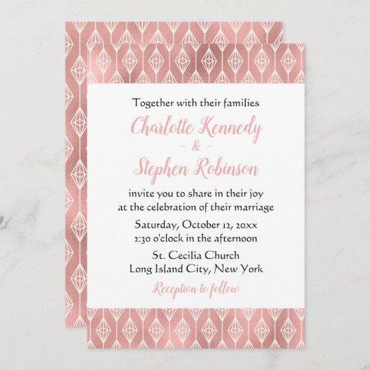 Boho Pink Wedding Rose Gold Tribal Diamonds Einladung (Vorne/Hinten)