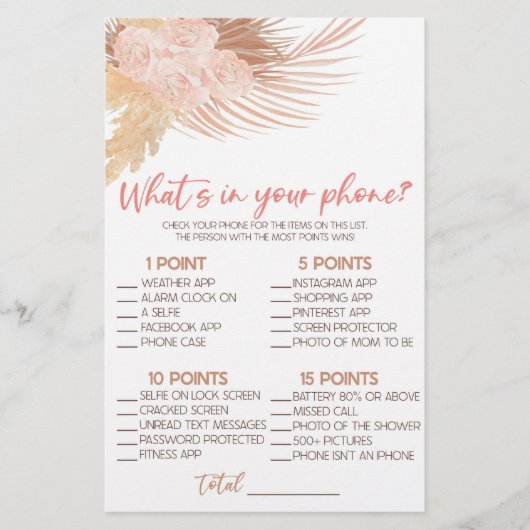Boho Pink What's In Your Phone Baby Shower Game Briefpapier (Vorderseite)