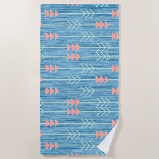 Boho Pink White Arrow Blue Hintergrund Strandtuch (Vorderseite)