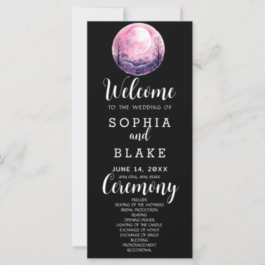 Boho Pink & White Full Moon Black Wedding Programm (Vorderseite)