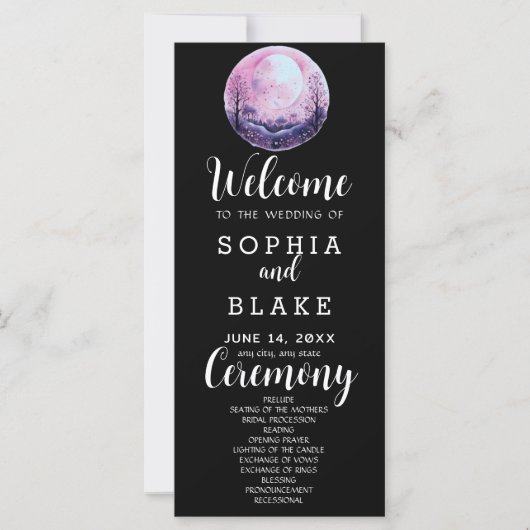 Boho Pink & White Full Moon Black Wedding Programm (Vorderseite)