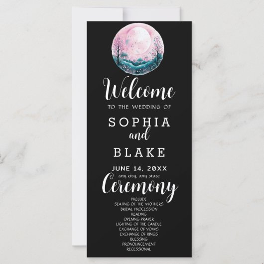 Boho Pink & White Full Moon Black Wedding Programm (Vorderseite)