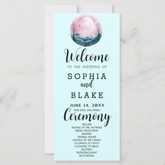 Boho Pink & White Full Moon Blue Wedding Programm (Vorderseite)