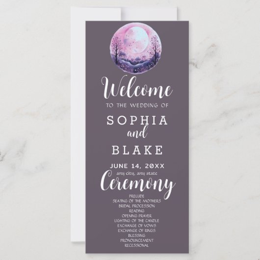 Boho Pink & White Full Moon Gray Wedding Programm (Vorderseite)