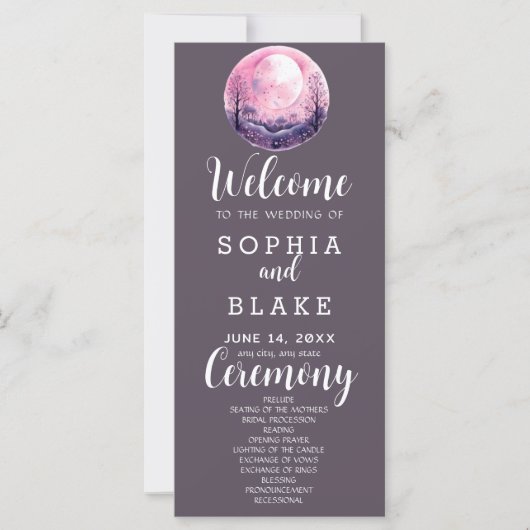 Boho Pink & White Full Moon Gray Wedding Programm (Vorderseite)