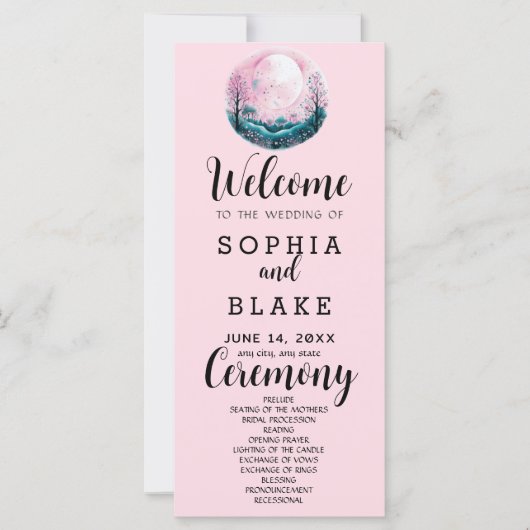 Boho Pink & White Full Moon Pink Wedding Programm (Vorderseite)