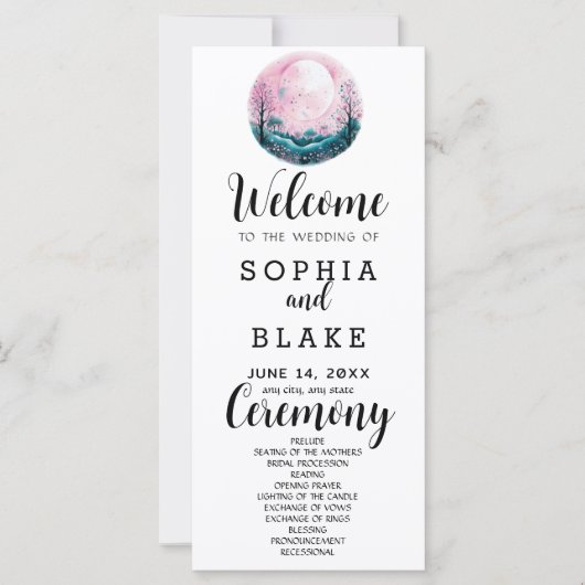 Boho Pink & White Full Moon White Wedding Programm (Vorderseite)