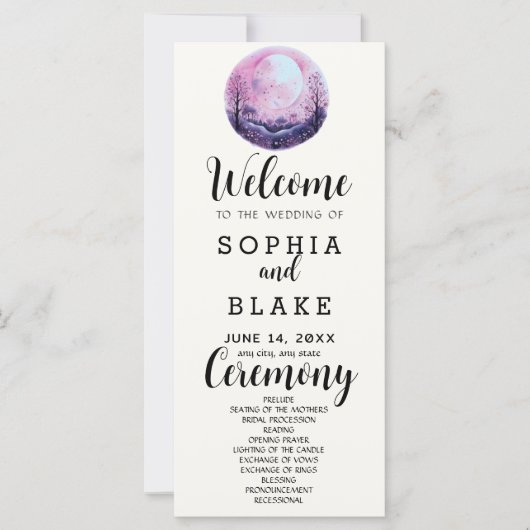 Boho Pink & White Full Moon White Wedding Programm (Vorderseite)