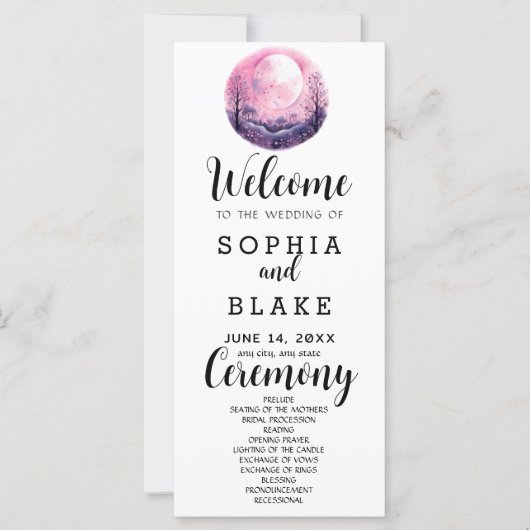 Boho Pink & White Full Moon White Wedding Programm (Vorderseite)