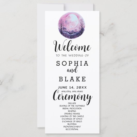 Boho Pink & White Full Moon White Wedding Programm (Vorderseite)