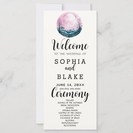 Boho Pink & White Full Moon White Wedding Programm (Vorderseite)