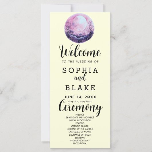 Boho Pink & White Full Moon Yellow Wedding Program (Vorderseite)