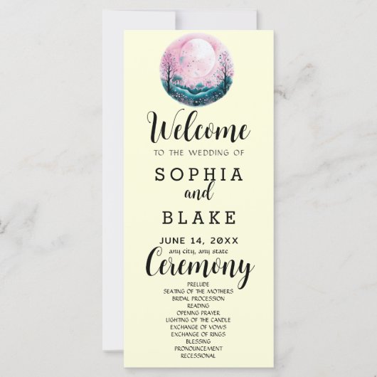 Boho Pink & White Full Moon Yellow Wedding Program (Vorderseite)