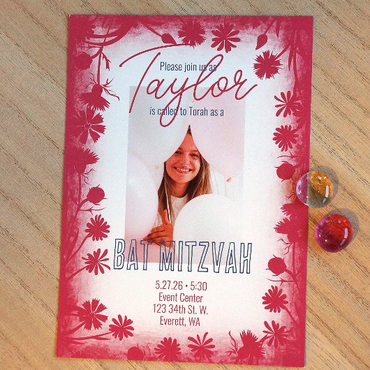 Boho Pink Wilde Blume Rahmen, Bat Mitzvah Foto Einladung