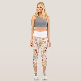 boho Pink Wildflower Watercolor  Capri Leggings