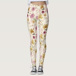 boho Pink Wildflower Watercolor  Leggings