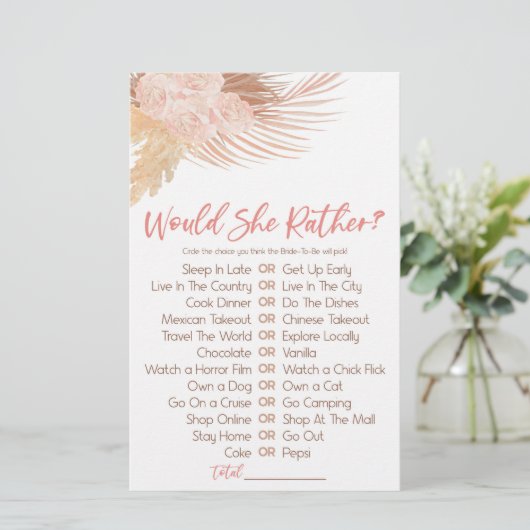 Boho Pink Would She Rather? Bridal Shower Game Briefpapier (Stehend Vorderseite)