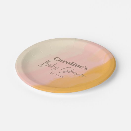 Boho Pink Yellow Script Custom Baby Shower   Pappteller (Schrägansicht)