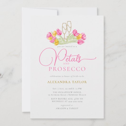 Boho Pink Yellow Tulip Gold Petals Prosecco Bridal Einladung (Vorderseite)