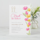 Boho Pink Yellow Tulips Gold Brunch Bubbly Bridal Einladung (Stehend Vorderseite)