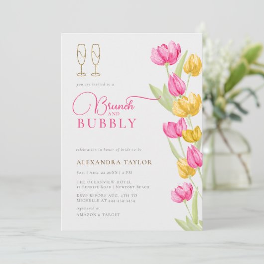 Boho Pink Yellow Tulips Gold Brunch Bubbly Bridal Einladung (Stehend Vorderseite)
