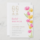 Boho Pink Yellow Tulips Gold Flutes Bridal Brunch Einladung (Vorderseite)